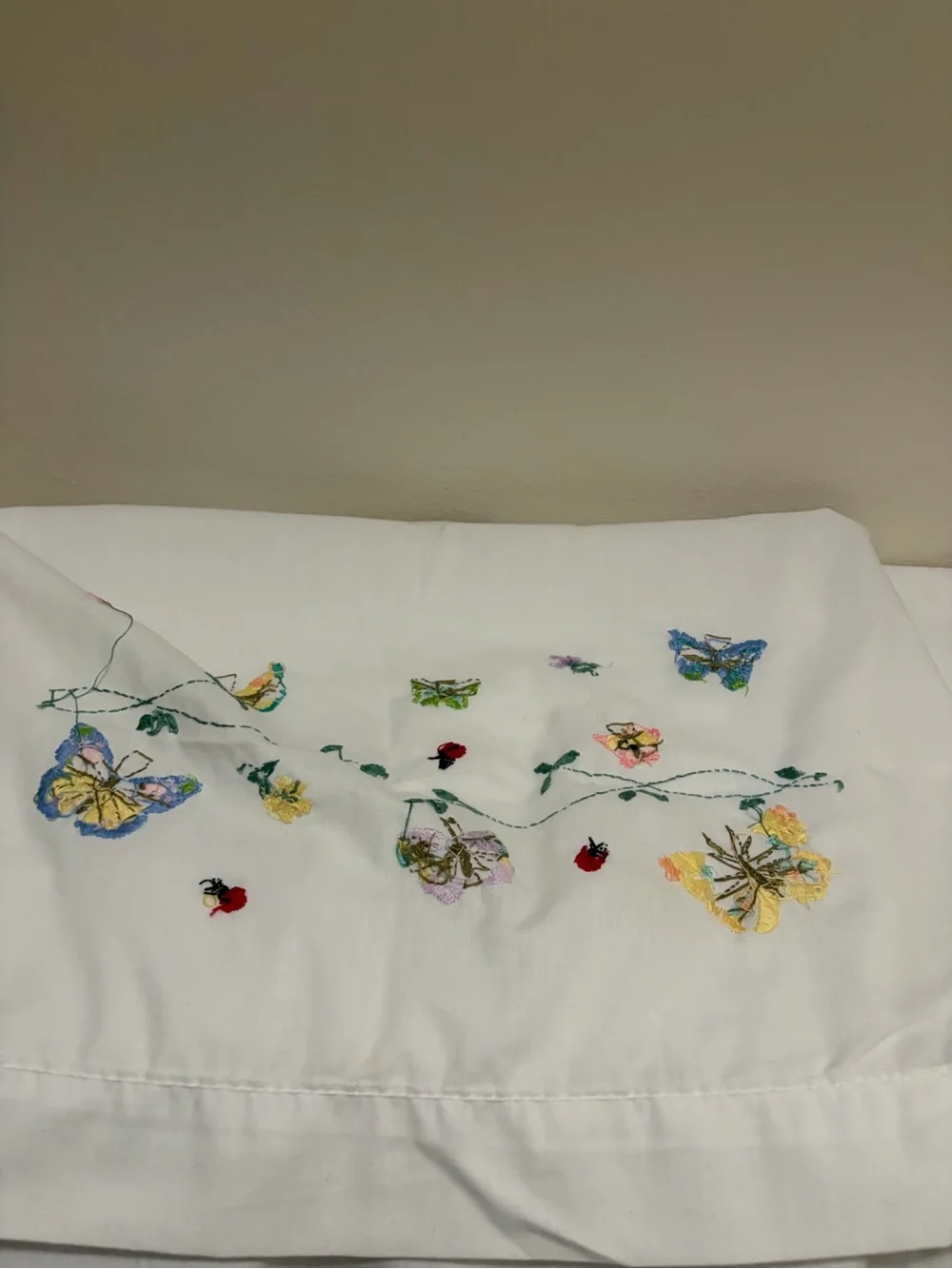 Vintage Embroidered White Standard Pillowcases Butterflies In Flight by Bucilla